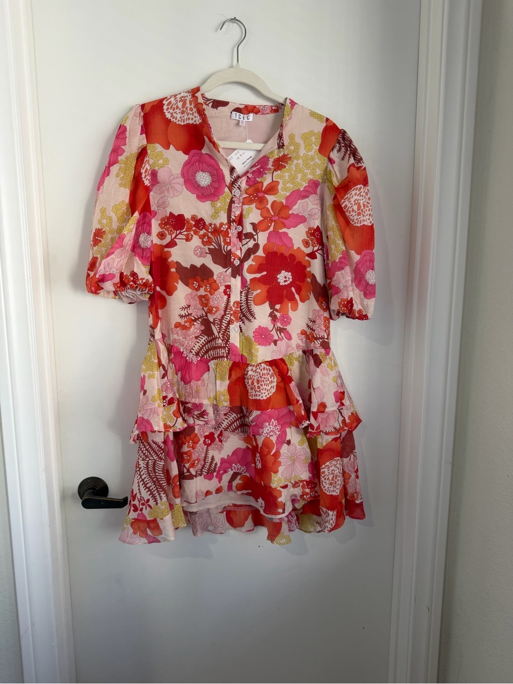 TCEC Pink and Red Floral Tiered Mini Dress